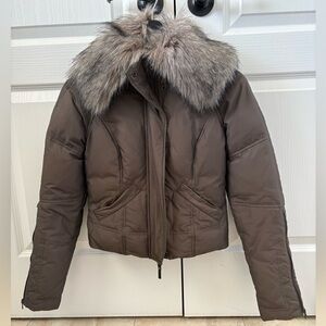 Benetton Down Puffer Jacket Fur Trim Hood Taupe Cropped XS Winter Coat